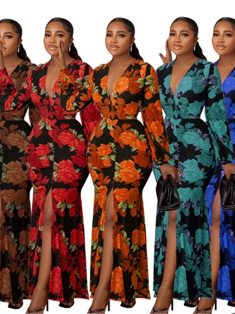 T Party Fashion Black Maxi Dress with Orange Rose Print